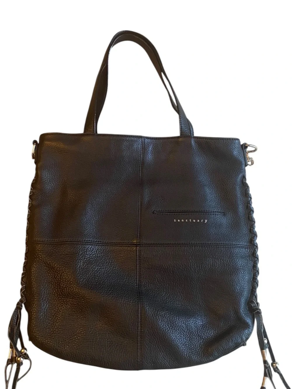 Sanctuary Black Leather Tote Hobo Bag with Braided Side Details